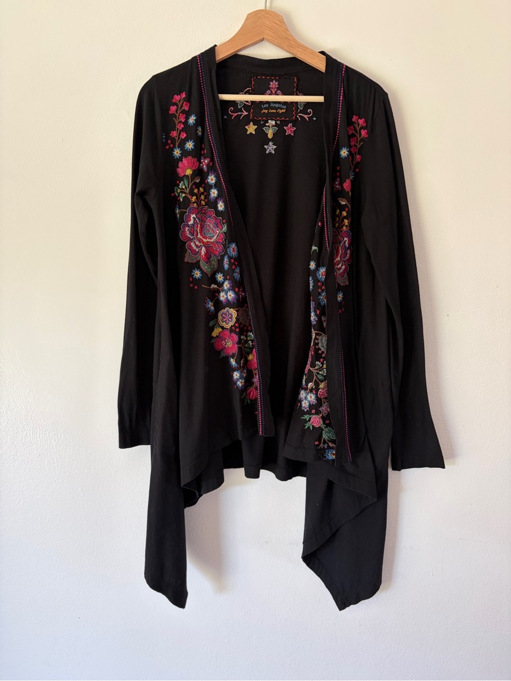 Johnny Was Black Open Front Embroidered Long Sleeve Asymmetrical Hem Cardigan‎
